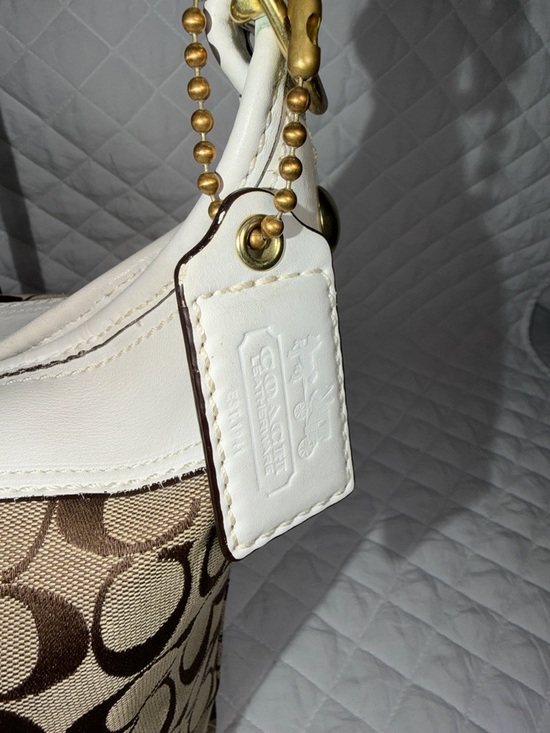 Coach Khaki Signature Canvas Bucket Bag with White Leather Trim